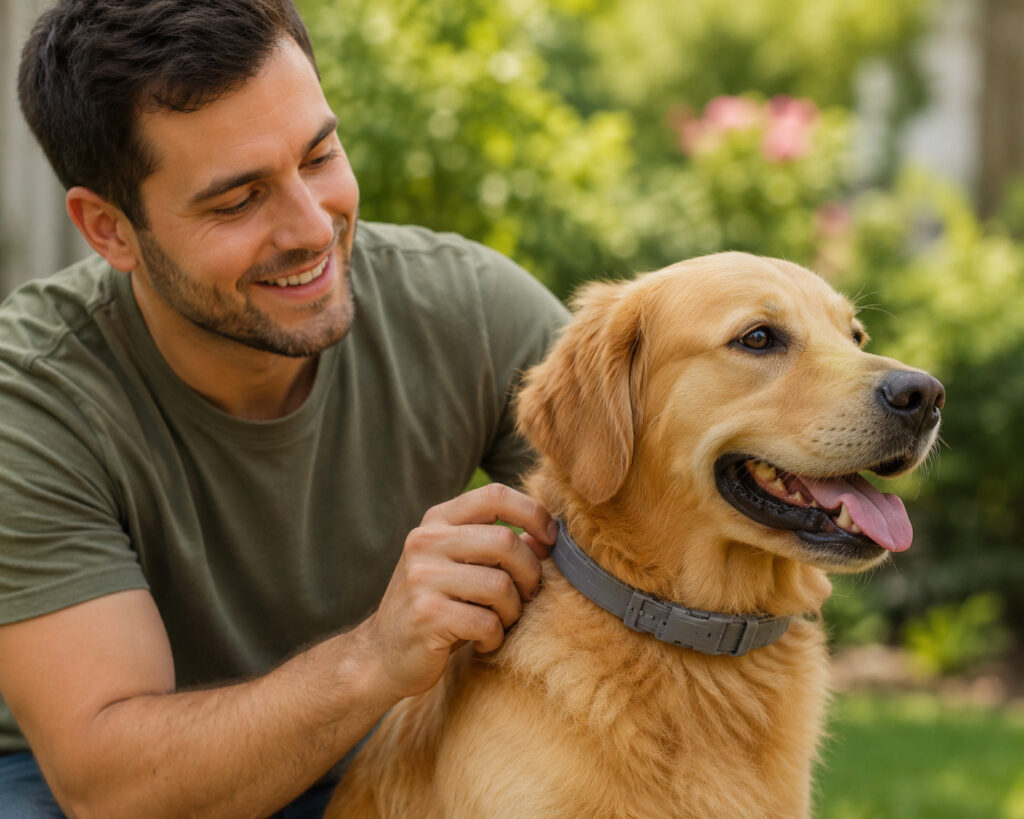 Coleira antipulgas: A forma mais fácil e económica de evitar parasitas em Animais de Estimação, Cães, Gatos dono a colocar coleira