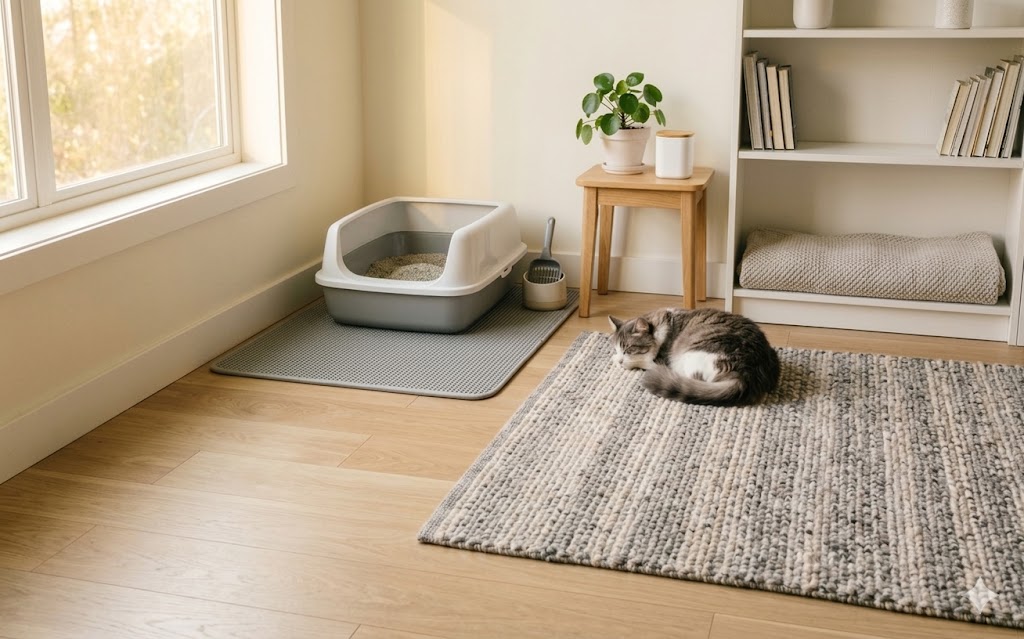 Qual é a Melhor Areia para Gatos? Descubra Como Escolher em Animais de Estimação, Gatos Caixa de areia para gatos colocada sobre um tapete cinzento para evitar resíduos, com um gato a dormir num tapete próximo num ambiente organizado.