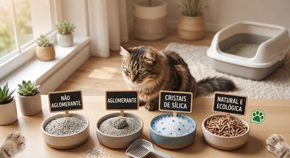 Gato a observar quatro taças com os principais tipos de melhor areia para gatos: não aglomerante, aglomerante, sílica e ecológica.