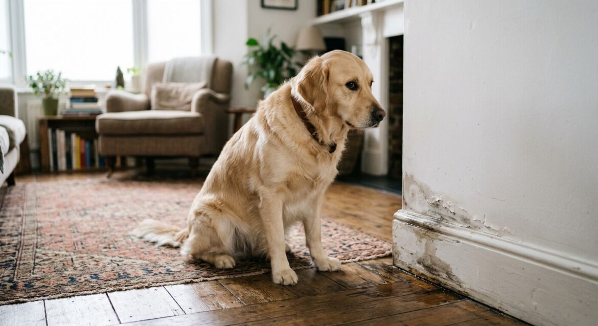 Golden Retriever sentado numa sala de estar a olhar para uma parede com danos causados por infiltrações e bolor
