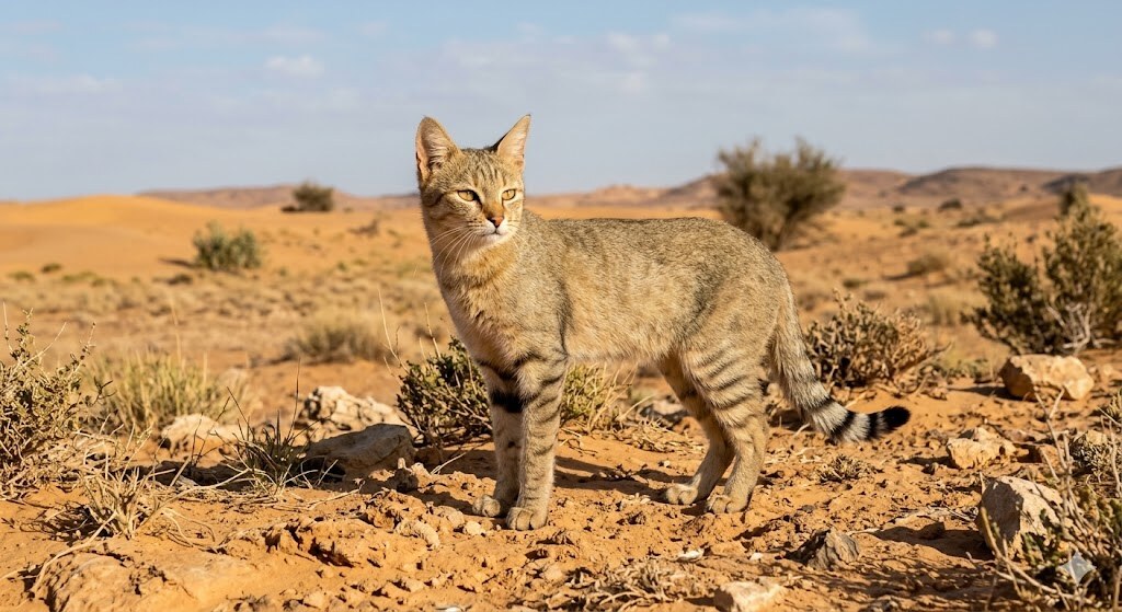 A Origem dos Gatos: Descubra a sua história, domesticação e instintos em Animais de Estimação, Gatos Um gato selvagem (gato-bravo-africano) em primeiro plano, em pé sobre solo rochoso árido, olhando para a esquerda.