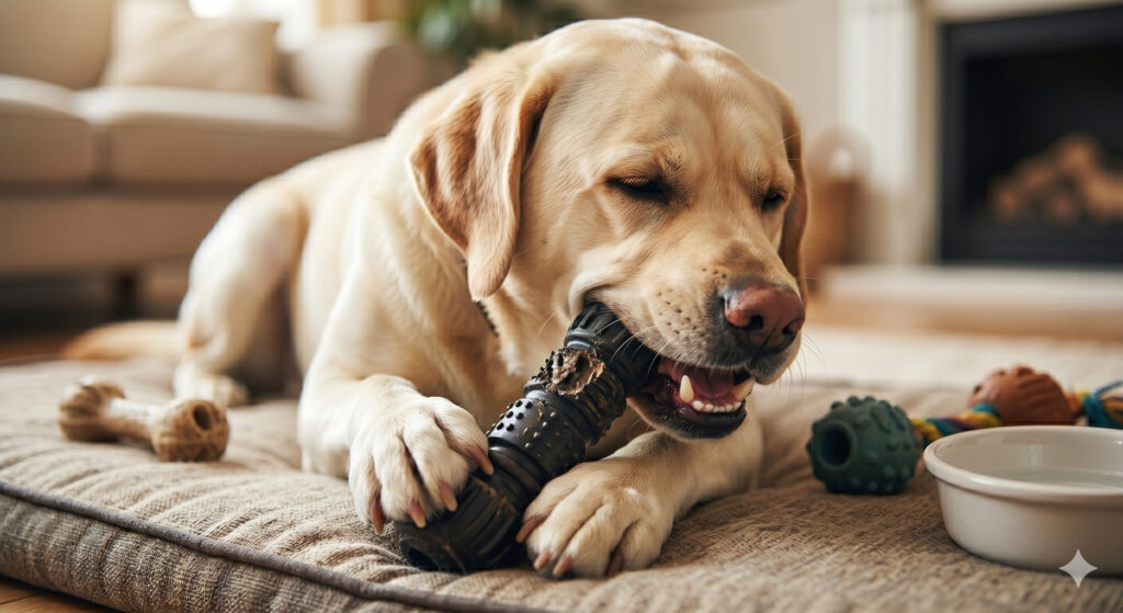 A Origem dos Cães: Da Domesticação Selvagem ao Melhor Amigo em Animais de Estimação, Cães Cão relaxado a roer um brinquedo de borracha na sua cama, num ambiente doméstico.
