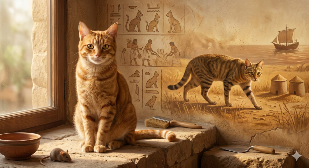 Gato ruivo e rato em primeiro plano; mural egípcio ao fundo retratando a antiga origem dos gatos.