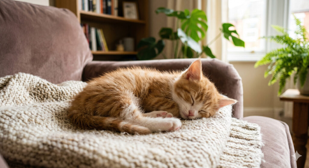 A Origem dos Gatos: Descubra a sua história, domesticação e instintos em Animais de Estimação, Gatos Gatinho laranja fofo a dormir num cobertor de malha numa sala de estar aconchegante.